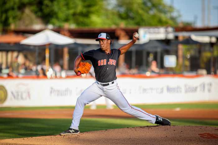SF Giants 2022 first-round pick Reggie Crawford throws a pitch for the San Jose Giants against the Fresno Grizzlies on June 1, 2023.